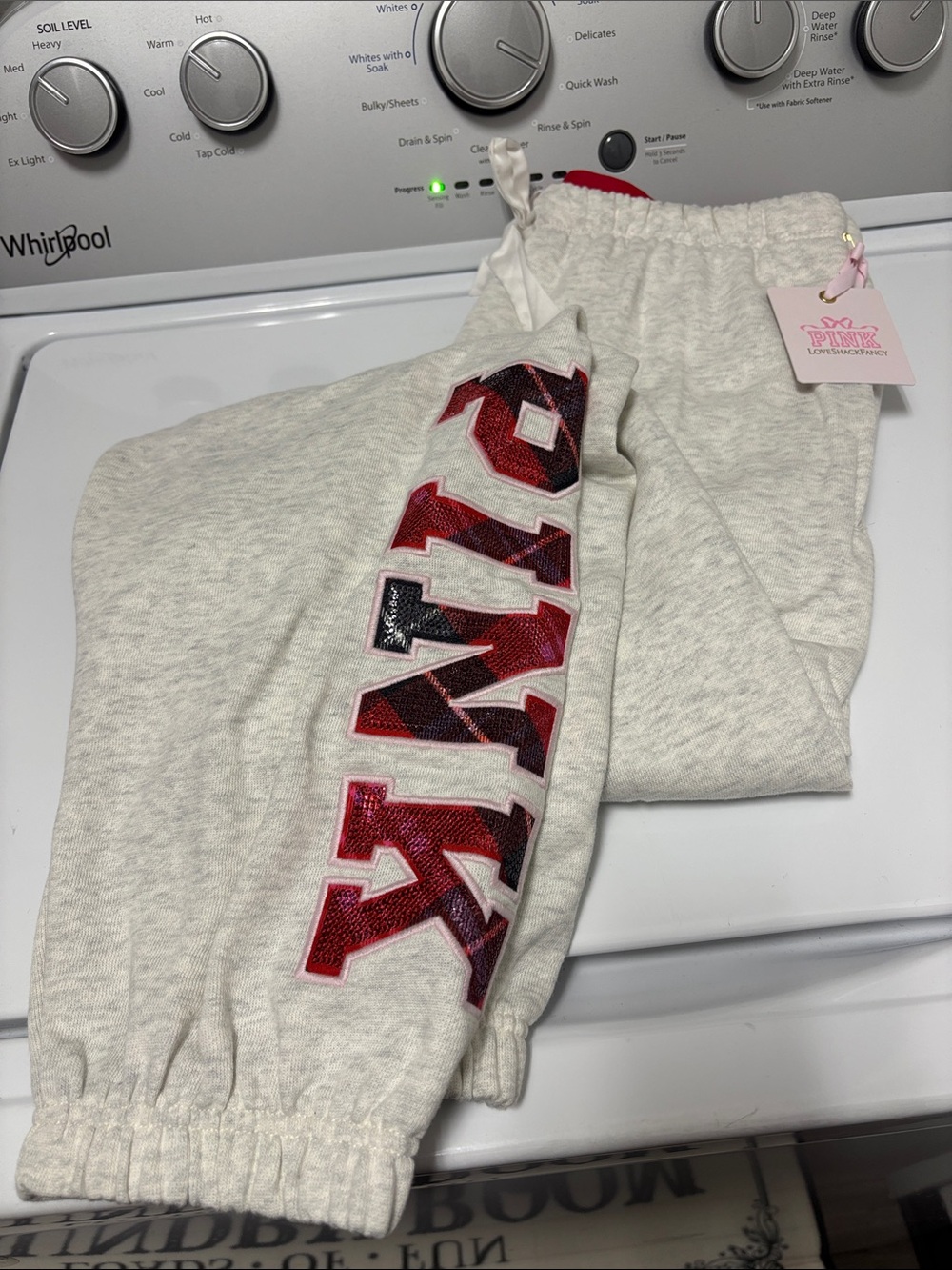 PINK Victoria's Secret Love Shack Fancy Joggers with Red Sequin Logo